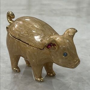 Vintage Monet Mini Jeweled Pig Lacquered & Enameled Hinged Gold Tone Trinket Box